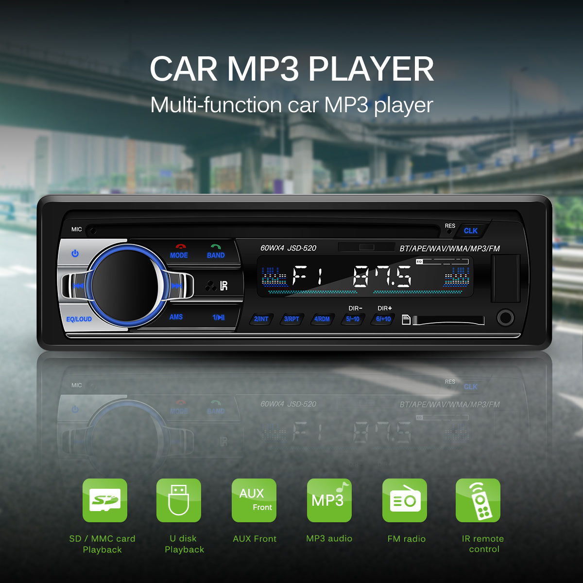 Áudio estéreo para carro Bluetooth In-Dash FM MP3 player